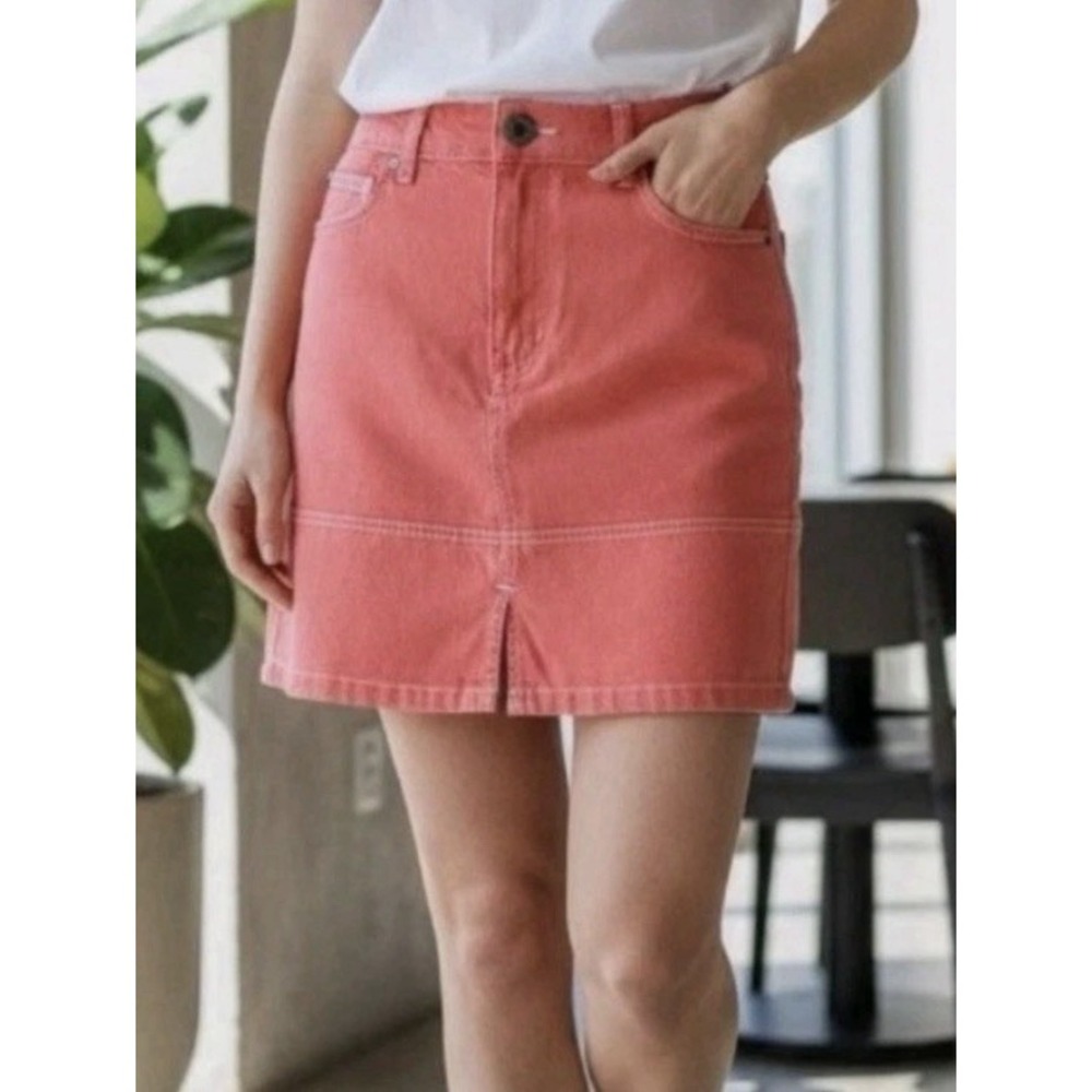 Wildfang The Essential Denim Work Skirt Medium Chili Coral elastic waist NWT